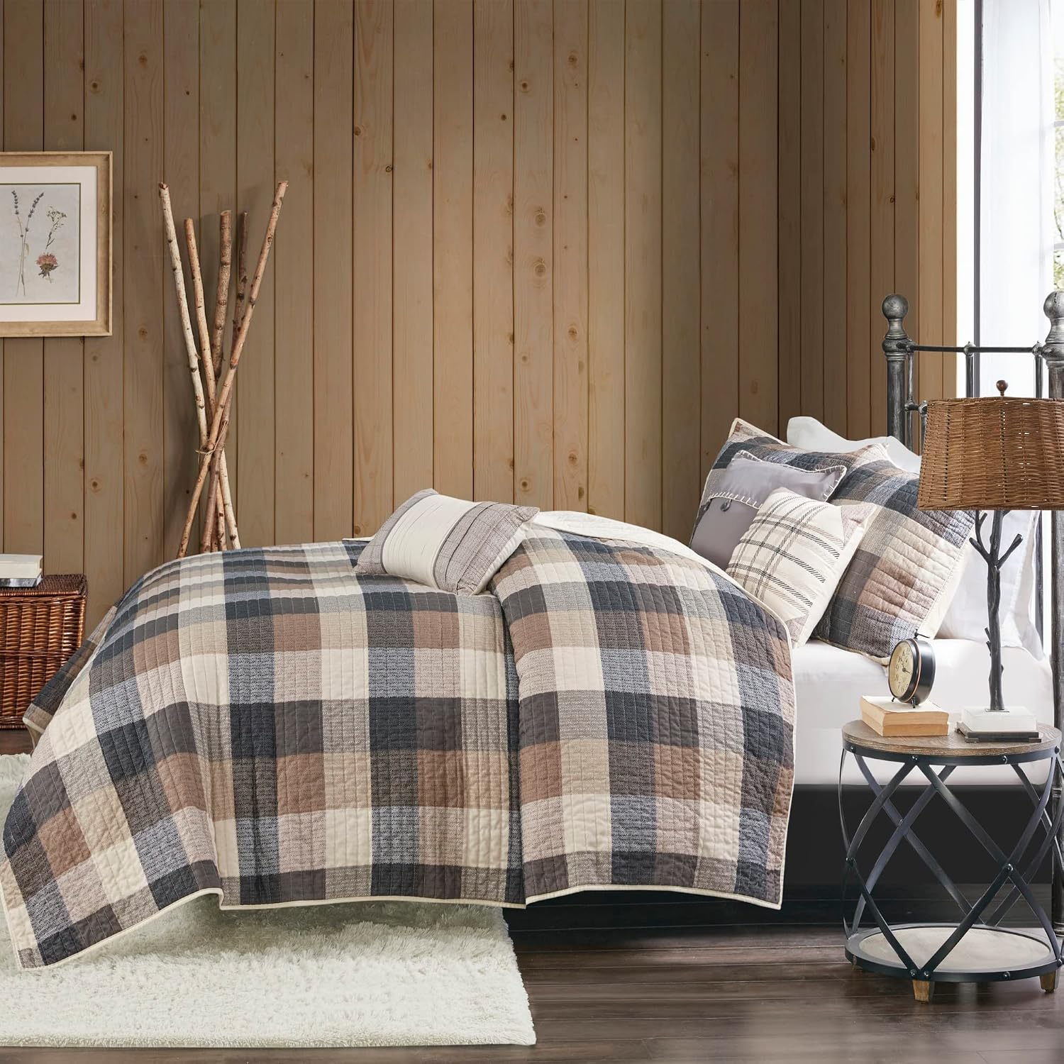 Madison Park Reversible Quilt Cabin Lifestyle Plaid Design - All Season, Breathable Coverlet Bedspread Bedding Set, Matching Shams, King/Cal King(104'x92'), Neutral 6 Piece