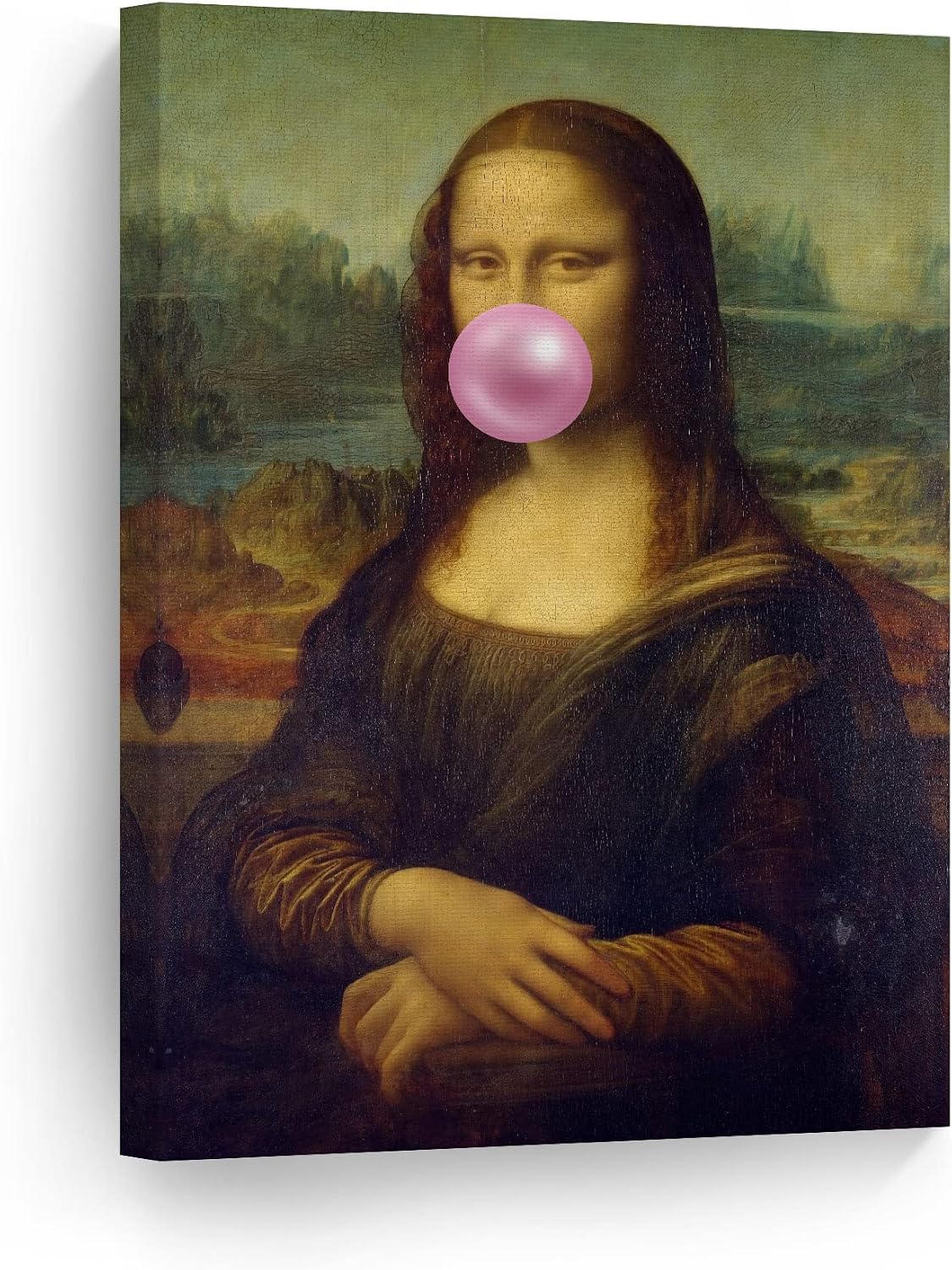 Smile Art Design Leonardo Da Vinci's Masterpiece Mona Lisa Pink Bubble Gum Art CANVAS PRINT Famous Paintings Wall Art Classic Art Home Decor Stretched Ready to Hang Made in USA 36x24