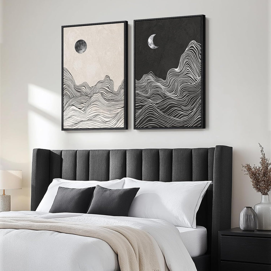 Large Framed Black and White Abstract Wall Art for Living Room, Set of 2 Modern Canvas Prints Paintings Artwork for Walls, Abstract Mountain and Moon Pictures for Bedroom Hallway Wall Decor 24x36 In