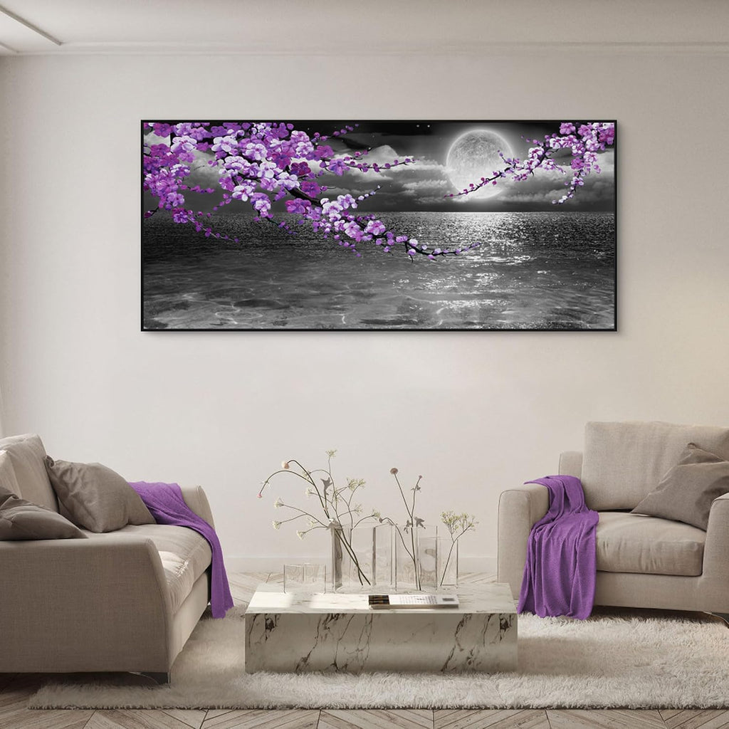 yiijeah Large Purple Wall Art Decor for Living Room Bedroom Framed Black and White Seascape Full Moon Purple Flower Painting Canvas Picture Modern Hand-Painted Plum Blossom Artwork for Home Office