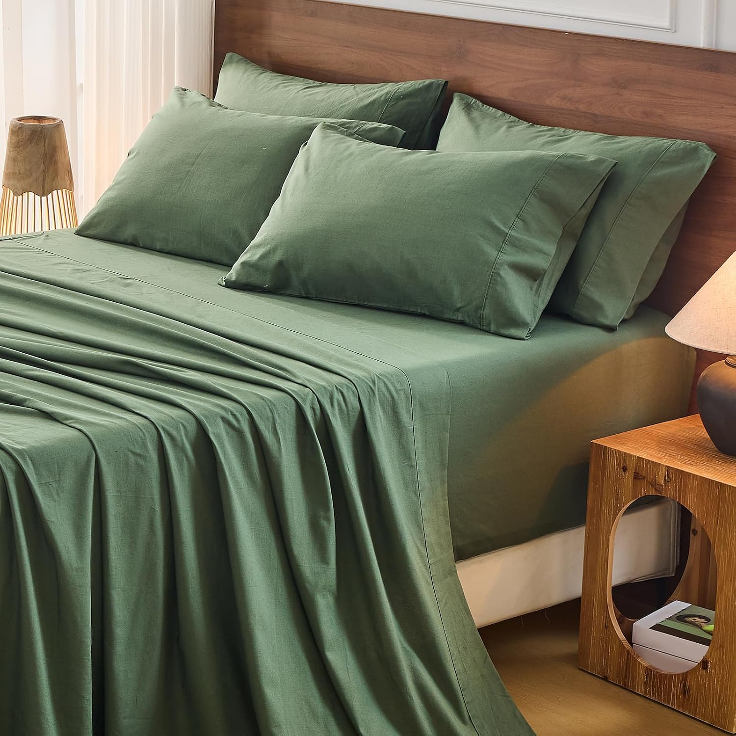 Bedlifes 100% French Flax Linen Sheets Set Queen Size - 6 Piece Extra Deep Pocket 18-24',Soft Breathable Queen Bed Sheets with Temperature Regulating & Moisture-Wicking(Forest Green