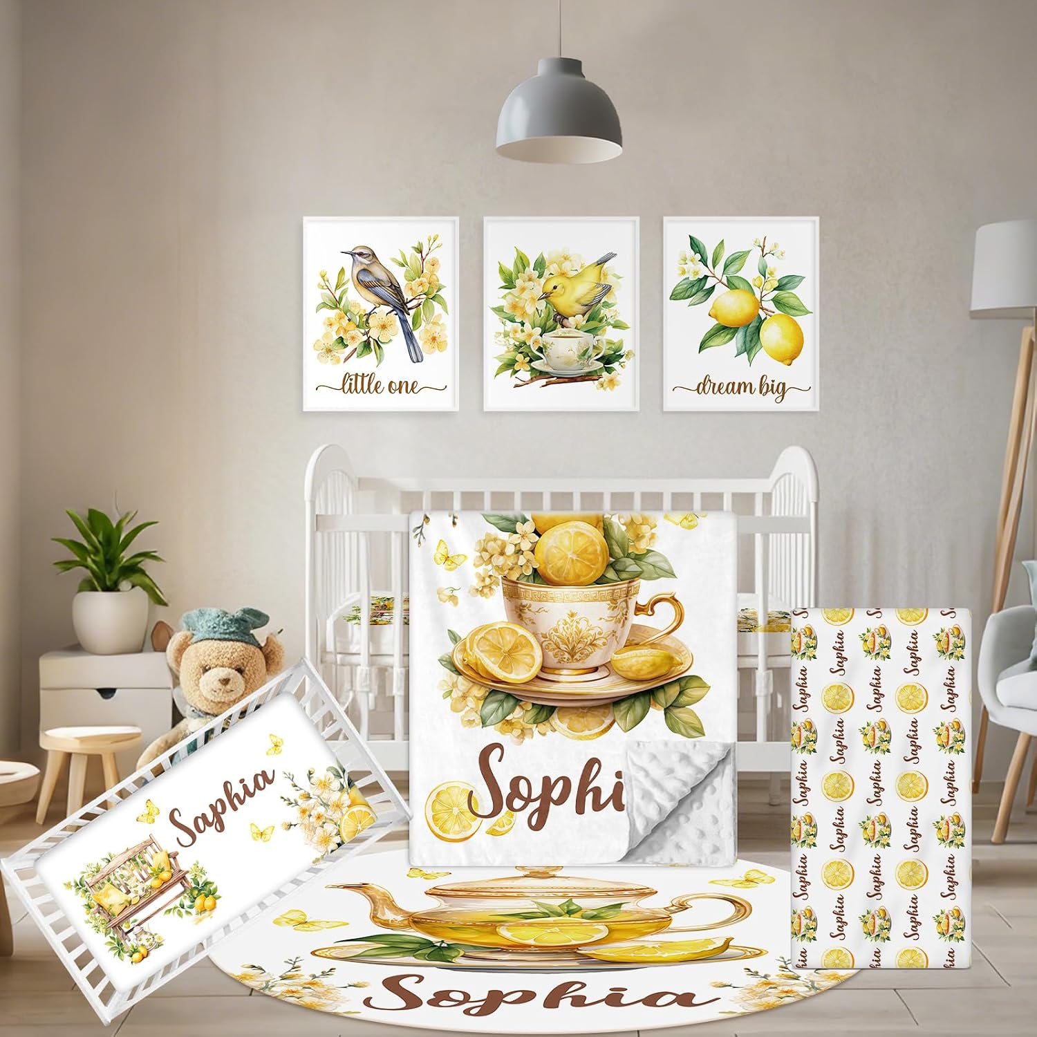 Terwex Personalized Baby Crib Bedding Set, 5 Pcs Custom Name Nursery Bedding Set, Lemon Tea Baby Bedding Set for Girls Boys, Double Layer Flannel Baby Crib Set, Toddlers Kids Infants Customized Gifts