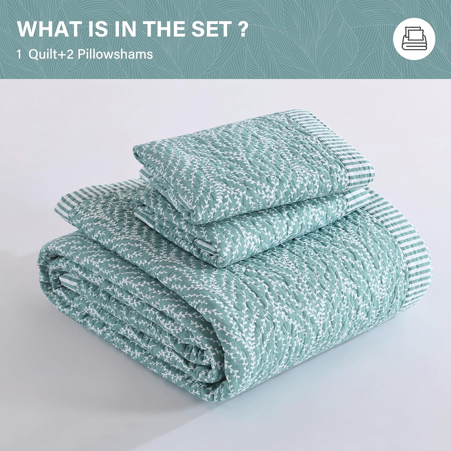SahSahCasa Quilt Set King Size, 100% Cotton Quilt Bedding Set Bedspread, Botanical Pattern Solid Color Chic Lightweight Quilted Comforter for King Bed, White/Teal, All Season, 3 Pieces