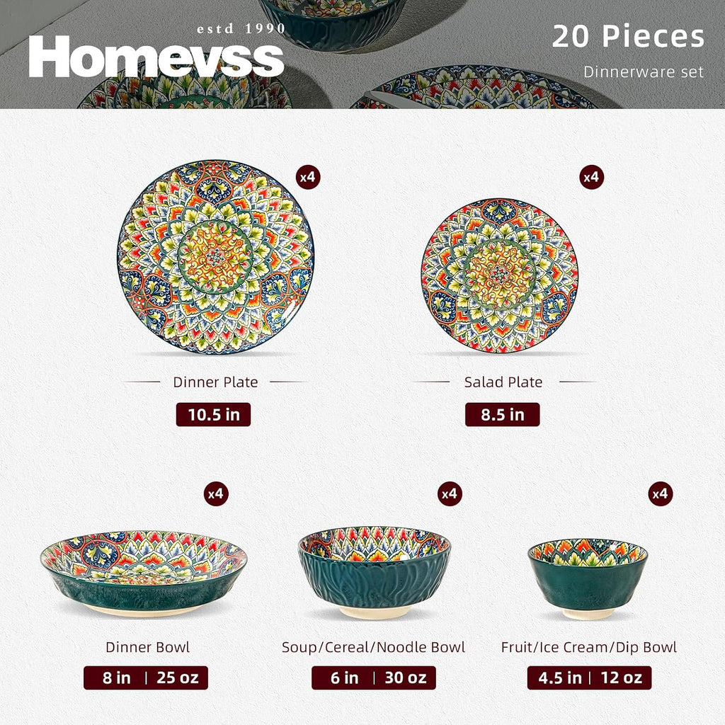 Homevss 20 Pieces Dinnerware Sets, Plates and Bowls Set, Porcelain Dishes Set for 4, Microwave and Dishwasher Safe, Scratch Resistant, Bohemian Style Dining Ware