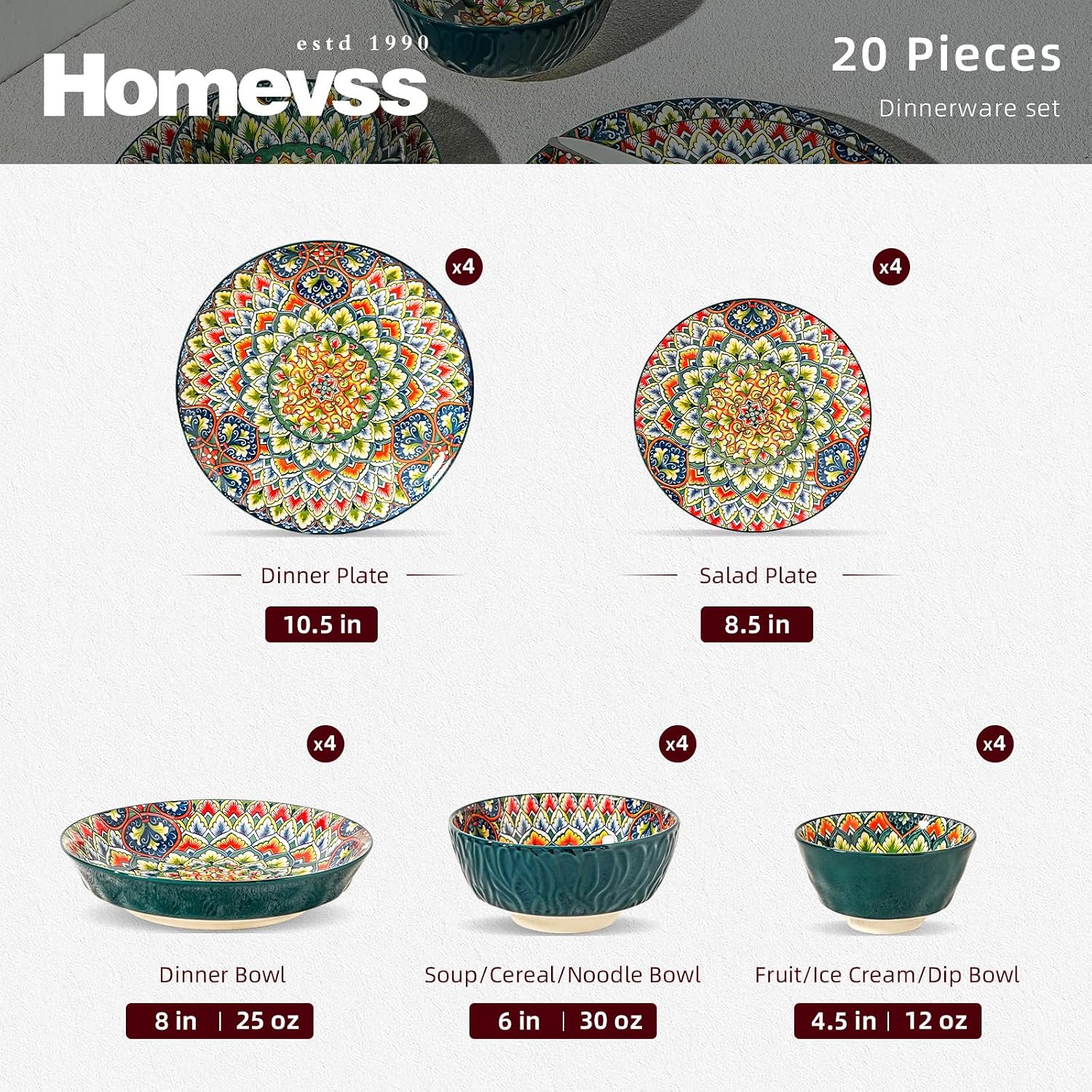 Homevss 20 Pieces Dinnerware Sets, Plates and Bowls Set, Porcelain Dishes Set for 4, Microwave and Dishwasher Safe, Scratch Resistant, Bohemian Style Dining Ware