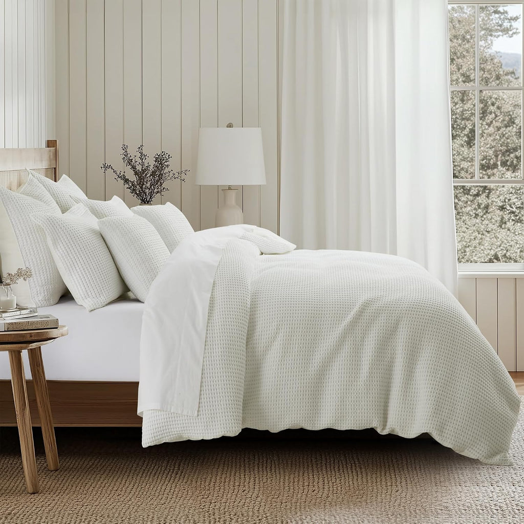 Levtex Home Mills Waffle King Duvet Cover Set (106x94in) with 2 Pillow Shams (36x20in) - Cream - Cotton King Size Duvet Cover Set - Soft, Pre-Washed