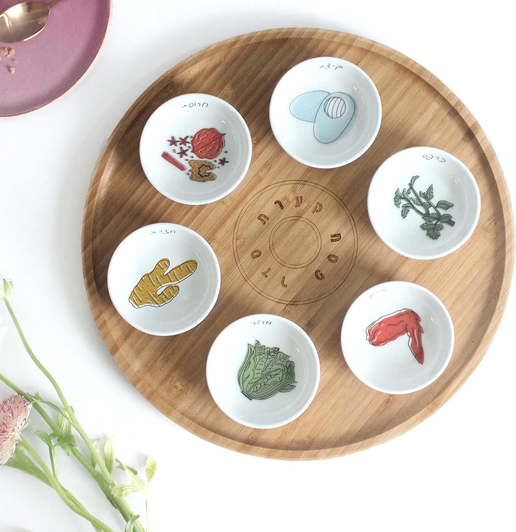 13' Hand Made Large Passover Seder Plate with 6 Colorful Ceramic Bowls, Bamboo Passover Sedar Plate Set, Giftable Packaging, Jewish Holiday and Traditional Table Decorations Gift