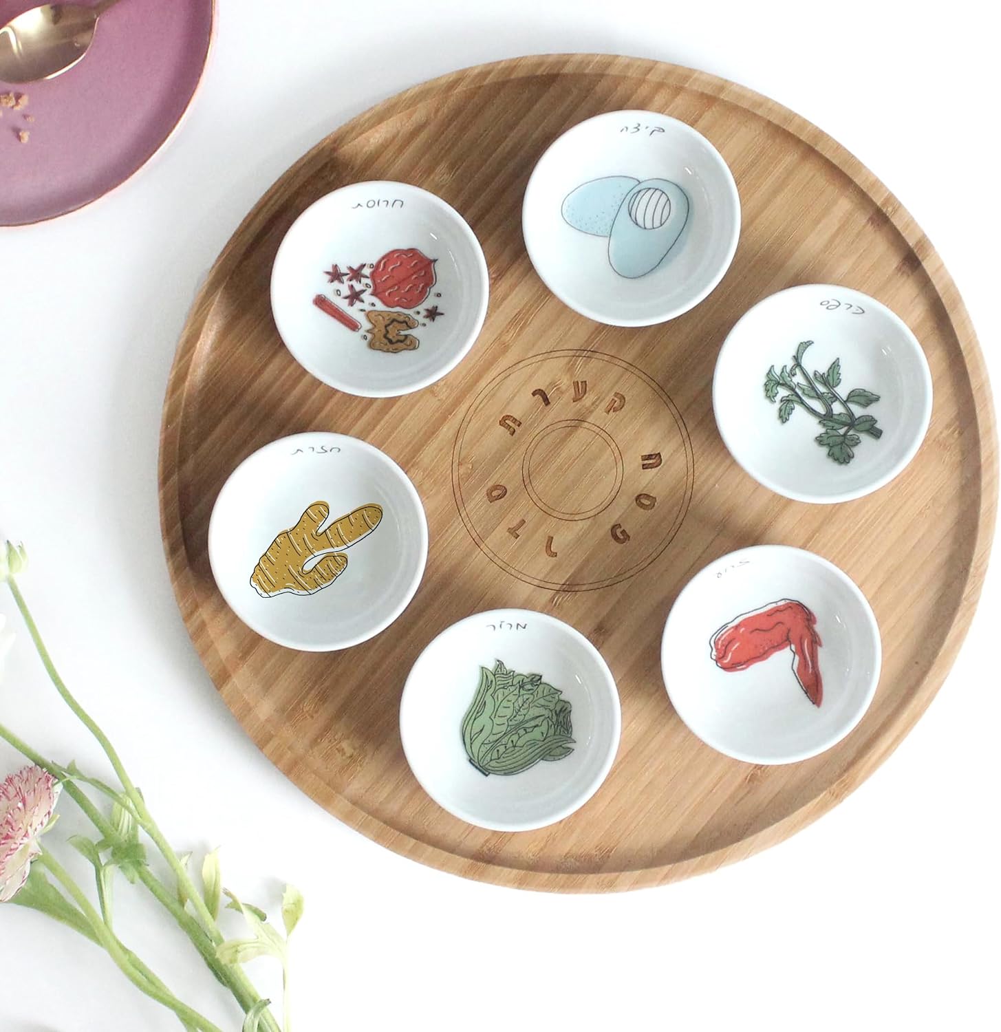 13' Hand Made Large Passover Seder Plate with 6 Colorful Ceramic Bowls, Bamboo Passover Sedar Plate Set, Giftable Packaging, Jewish Holiday and Traditional Table Decorations Gift