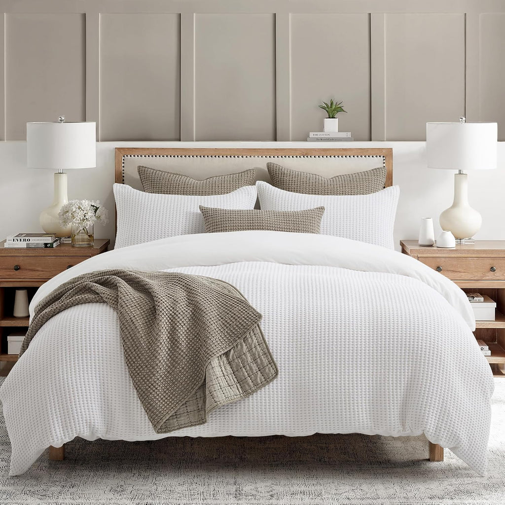 Levtex Home Mills Waffle King Duvet Cover Set (106x94in) with 2 Pillow Shams (36x20in) - Bright White - Cotton King Size Duvet Cover Set - Soft, Pre-Washed