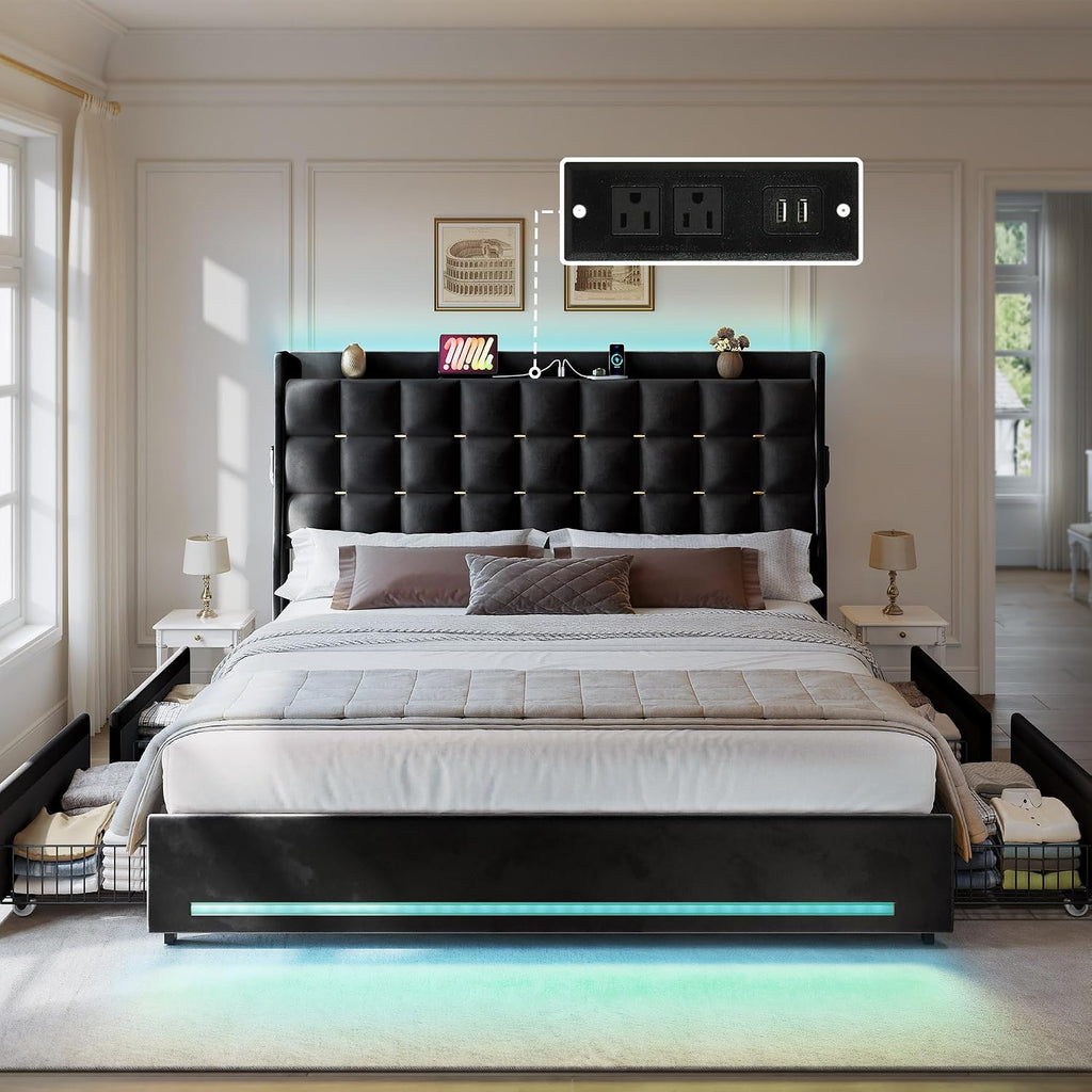 DWVO Queen Size Bed Frame with 4 Drawers and RGB LED Lights, Velvet Upholstered Platform Bed with Charging Station and Storage Headboard, No Box Spring Needed, Easy Assembly, Noise-Free, Black