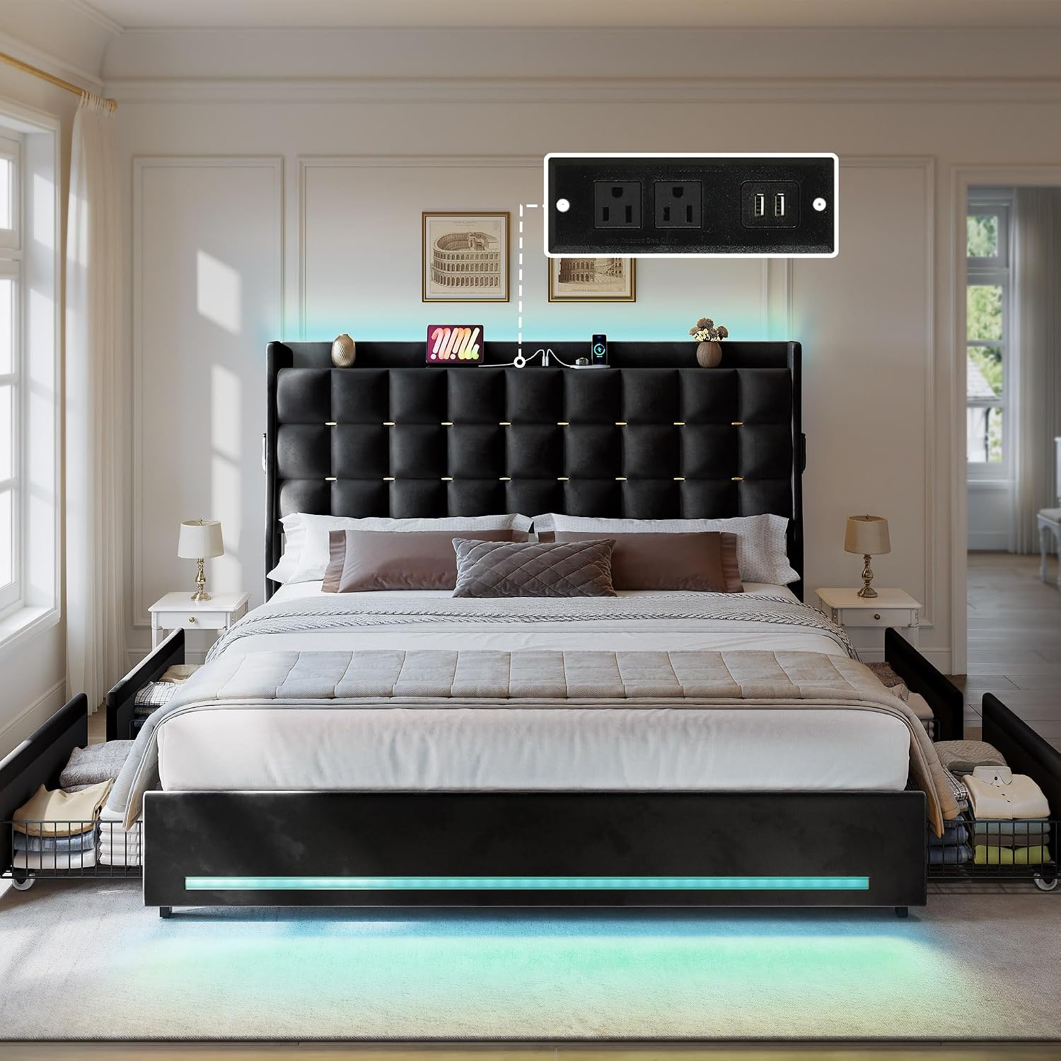DWVO Queen Size Bed Frame with 4 Drawers and RGB LED Lights, Velvet Upholstered Platform Bed with Charging Station and Storage Headboard, No Box Spring Needed, Easy Assembly, Noise-Free, Black