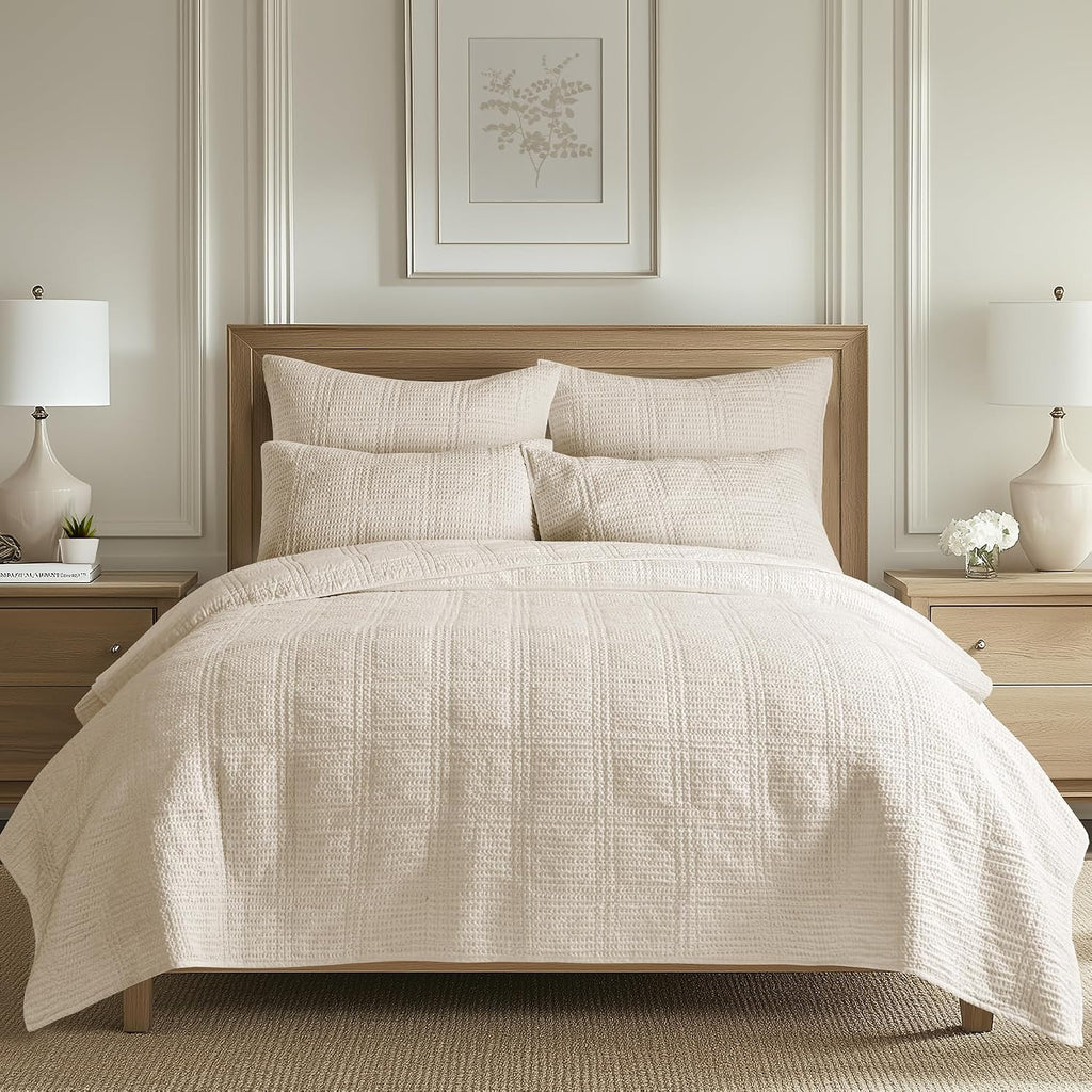 Levtex Home Cloud Waffle Full/Queen Quilt Set (88x92in) and 2 Pillow Shams (26x20) - Box Quilted Waffle Texture - Undyed Cream - Cotton Full/Queen Size Quilt Bedding Set - Lightweight Soft Pre-Washed
