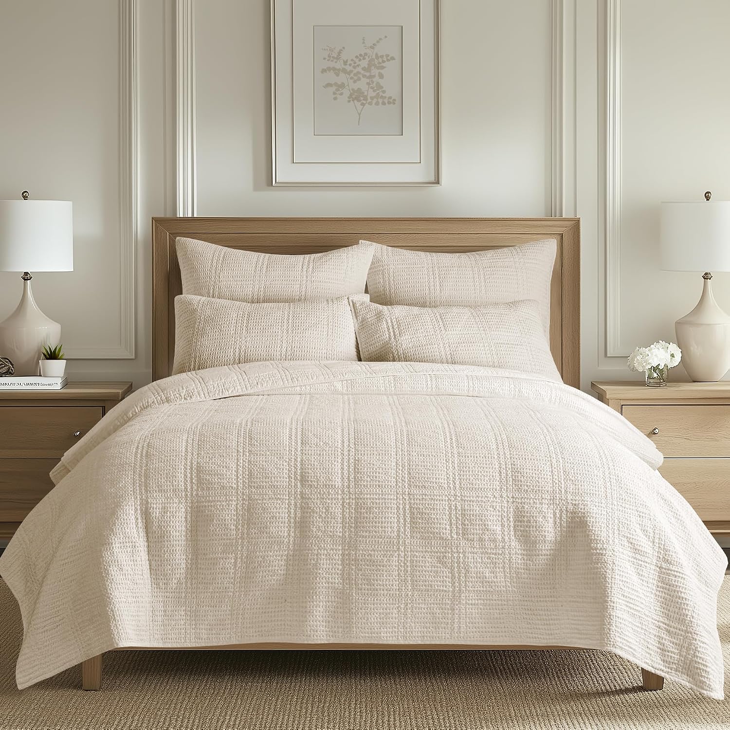 Levtex Home Cloud Waffle Full/Queen Quilt Set (88x92in) and 2 Pillow Shams (26x20) - Box Quilted Waffle Texture - Undyed Cream - Cotton Full/Queen Size Quilt Bedding Set - Lightweight Soft Pre-Washed