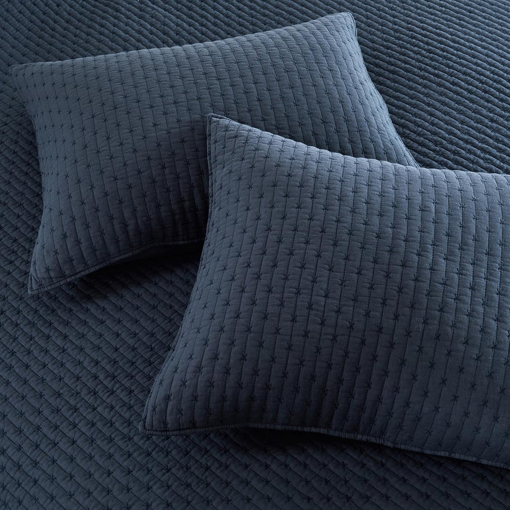Levtex Home Cross Stitch Reversible King/Cal King Quilt Set (106x92in) and 2 Pillow Shams (36x20in) - Stitch Texture - Navy - Cotton King Size Quilt Bedding Set - Lightweight Soft Pre-Washed