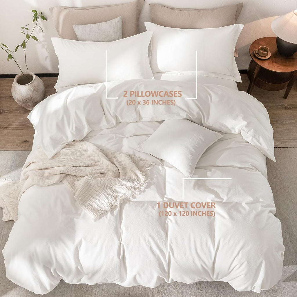 Linen Feel Duvet Cover Super King Plus Size 120inch x 120inch,100% Washed Cotton Duvet Cover with Zipper Closure and 2 Pillowcases, Color of Off White