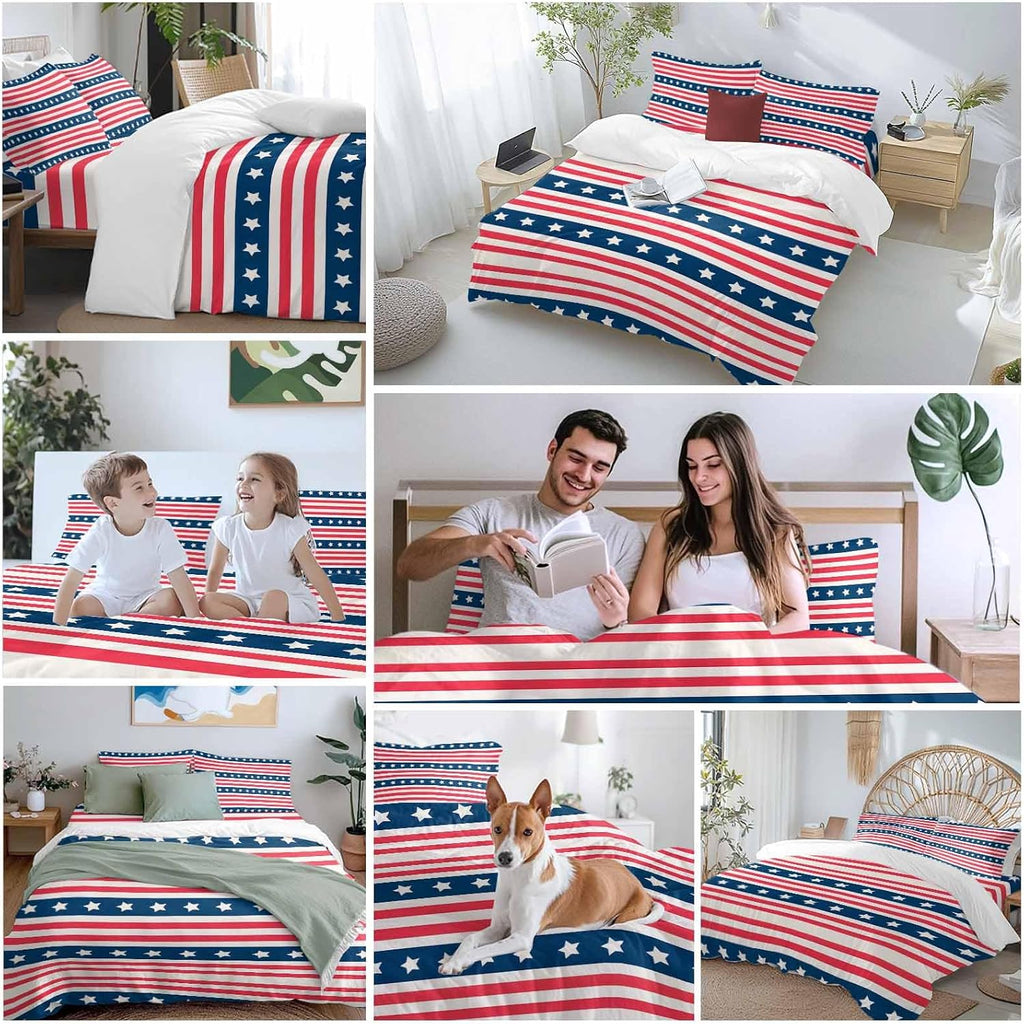 Independence Day Duvet Cover Set Queen Size 4 Pieces Watercolor Red White Blue Stripes White Bedding Set with Zipper Closure, 1 Comforter Cover 92x106 Inches 1 Flat Sheet & 2 Pillow Cases