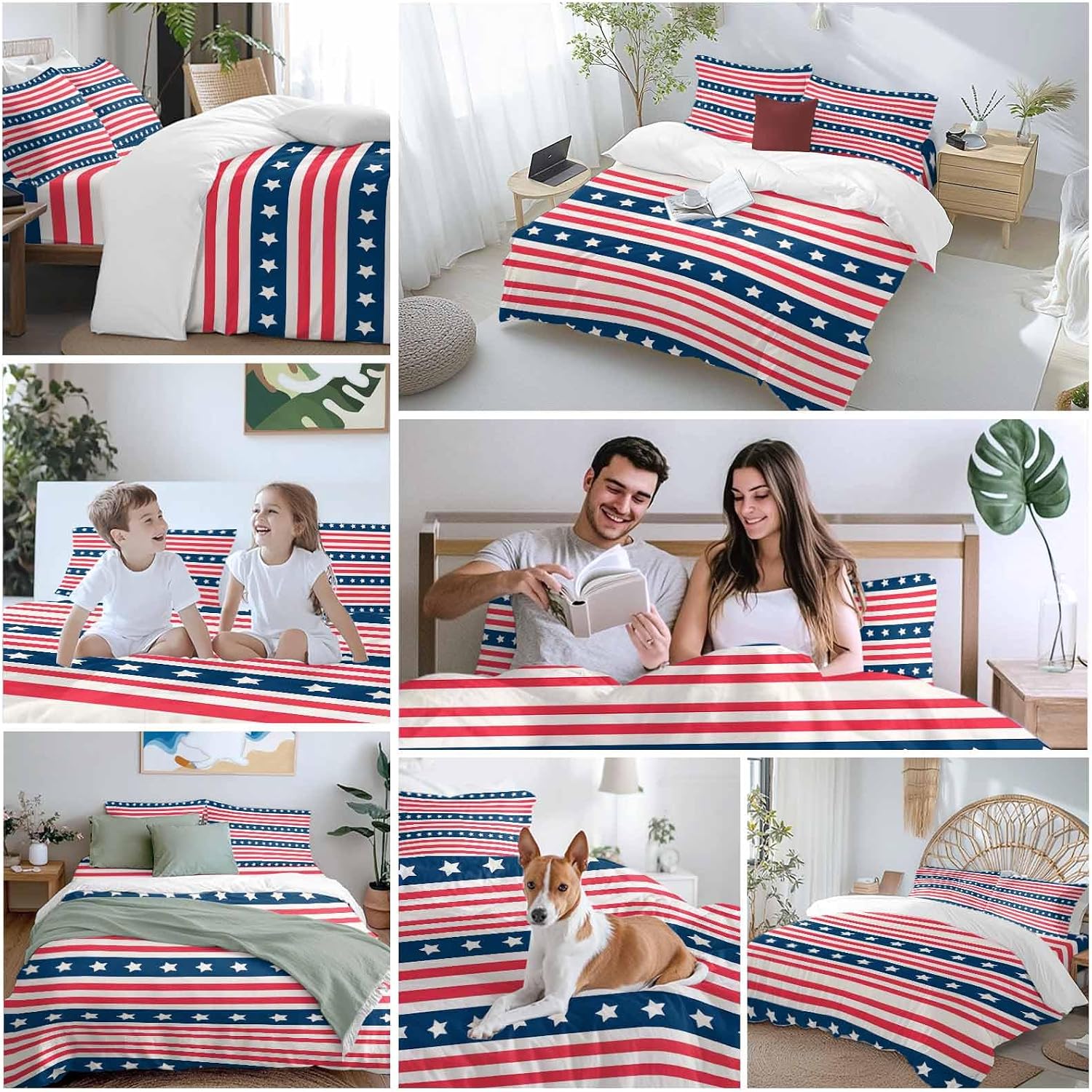 Prime Leader Independence Day Duvet Cover Set Queen Size 4 Pieces Watercolor Red White Blue Stripes White Bedding Set with Zipper Closure, 1 Comforter Cover 90x92 Inches 1 Flat Sheet & 2 Pillow Cases