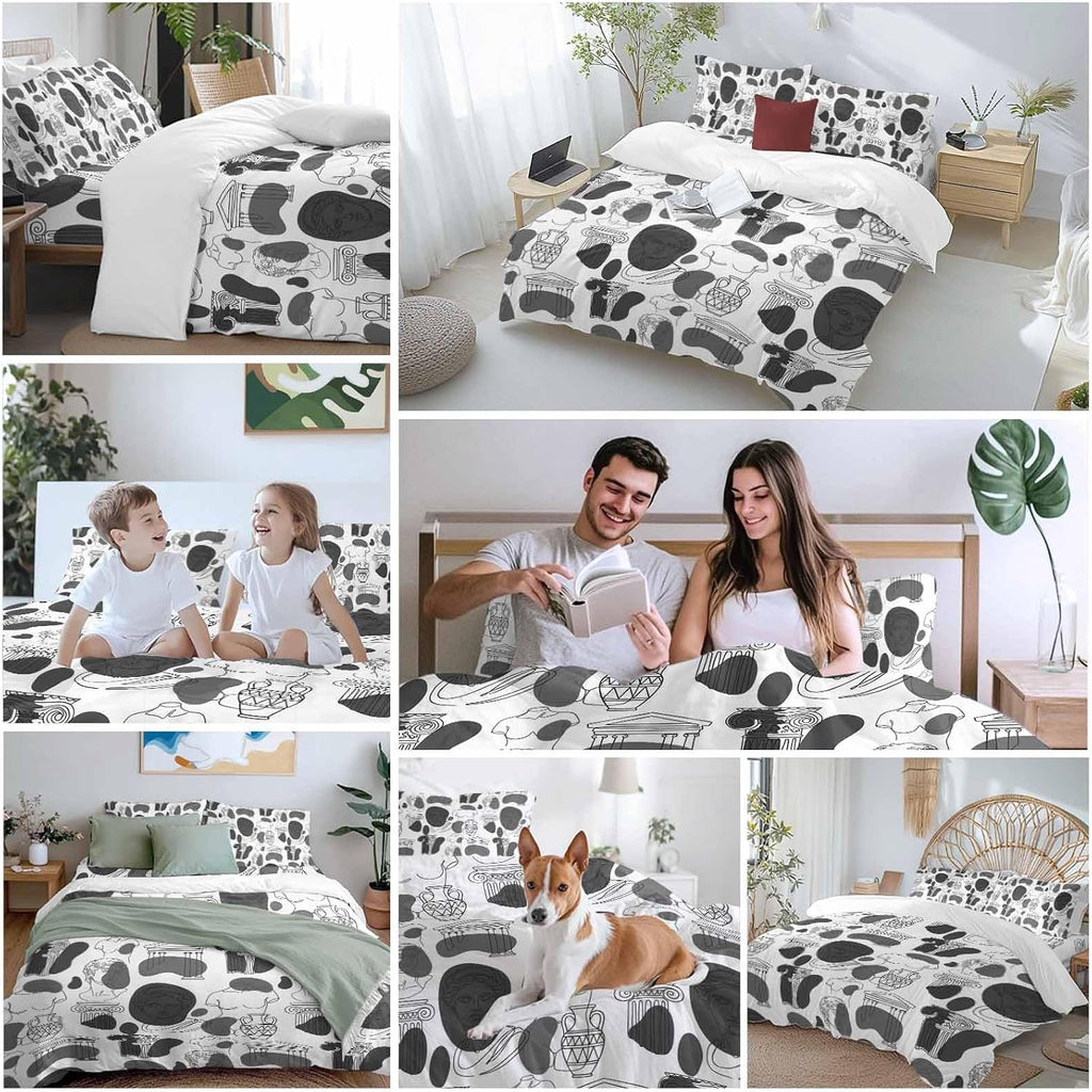 Modern Abstract Duvet Cover Set Queen Size 4 Pieces Grey Classical Ancient Greek Sculptural Heads Bedding Set with Zipper Closure, 1 Comforter Cover 90x92 Inches 1 Flat Sheet & 2 Pillow Cases