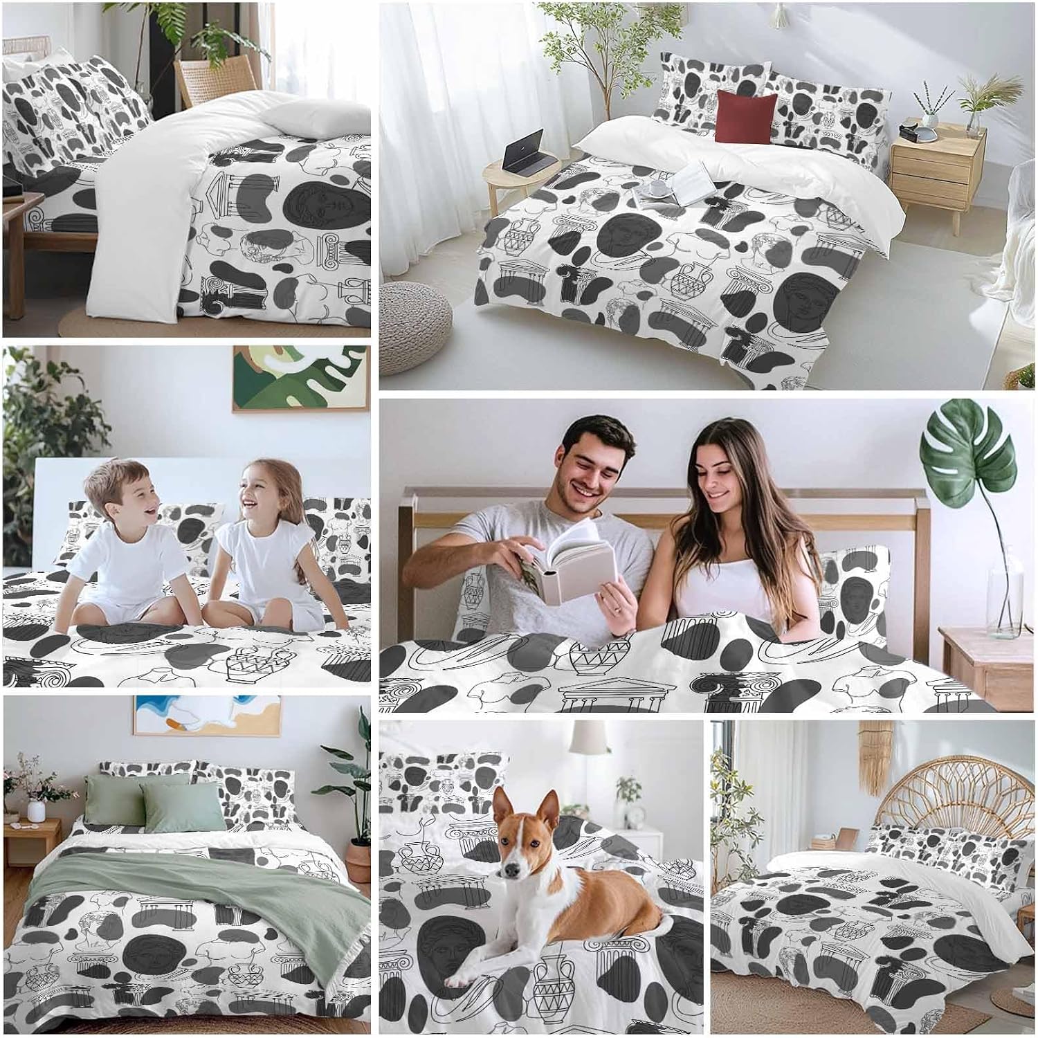 Modern Abstract Duvet Cover Set Queen Size 4 Pieces Grey Classical Ancient Greek Sculptural Heads Bedding Set with Zipper Closure, 1 Comforter Cover 90x92 Inches 1 Flat Sheet & 2 Pillow Cases
