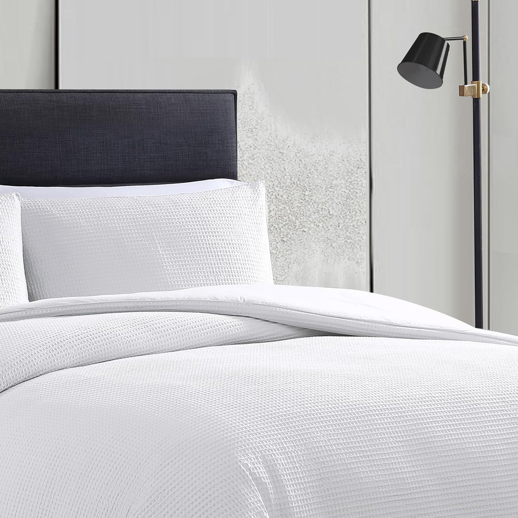 Vera Wang - Queen Comforter Set, Luxury Cotton Bedding with Matching Shams, Medium Weight & Ideal for All Seasons (Waffle Pique Queen, White)