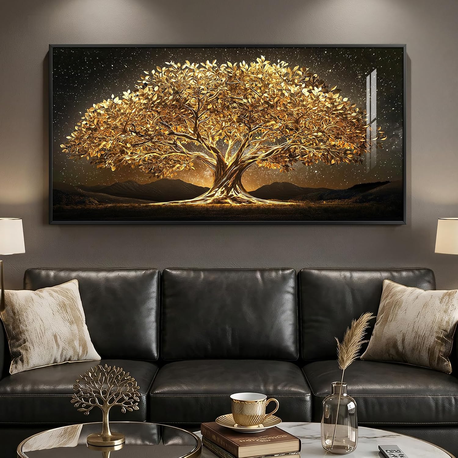 Large Framed Black and Gold Tree of Life Wall Art, Modern Luxury Tree Painting Print Artwork for Walls, Contemporary Dark Elegant Glam Picture for Living Room Bedroom Office Wall Decor, 60x30 Inch