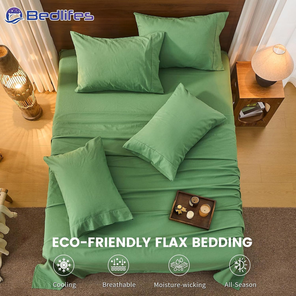 Bedlifes 100% French Pure Linen Sheets Queen Size Breathable and Cooling Flax Sheet Set Soft Durable and Moisture Wicking 16 Inch Deep Pocket-4 Piece(Queen,Sage Green)