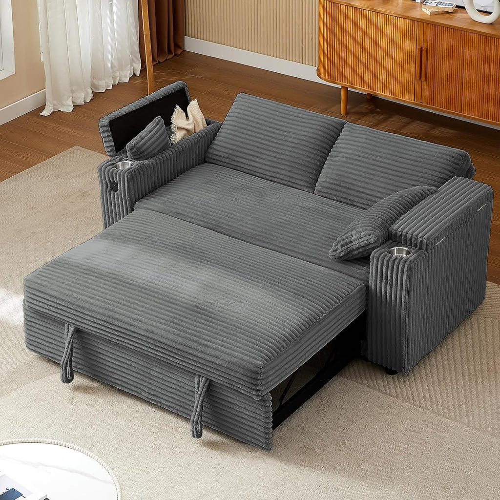 hansones 68.11' Corduroy Sleeper Chair Bed with USB Port, Cup Holders & Side Storage Pockets – 3-in-1 Foldable Sofa Bed for Guest Room, Living Room (ZY-1110-Dark Gray)
