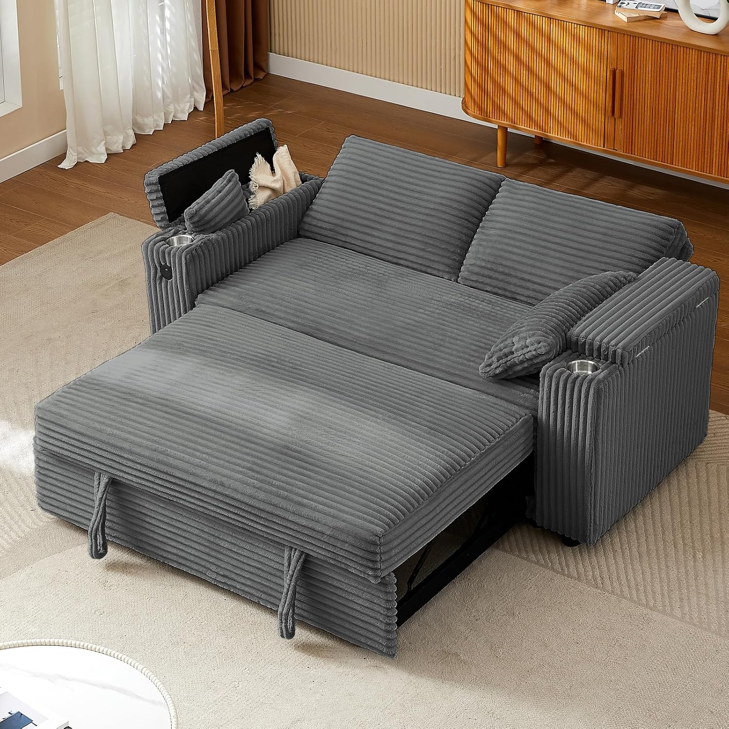 hansones 68.11' Corduroy Sleeper Chair Bed with USB Port, Cup Holders & Side Storage Pockets – 3-in-1 Foldable Sofa Bed for Guest Room, Living Room (ZY-1110-Dark Gray)