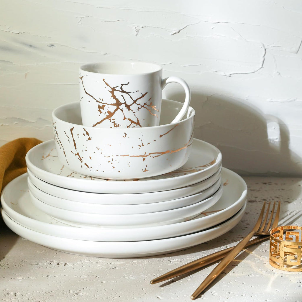 Stone Lain Porcelain 32 Piece Dinnerware set, 8 Full White Gold Splash Sets