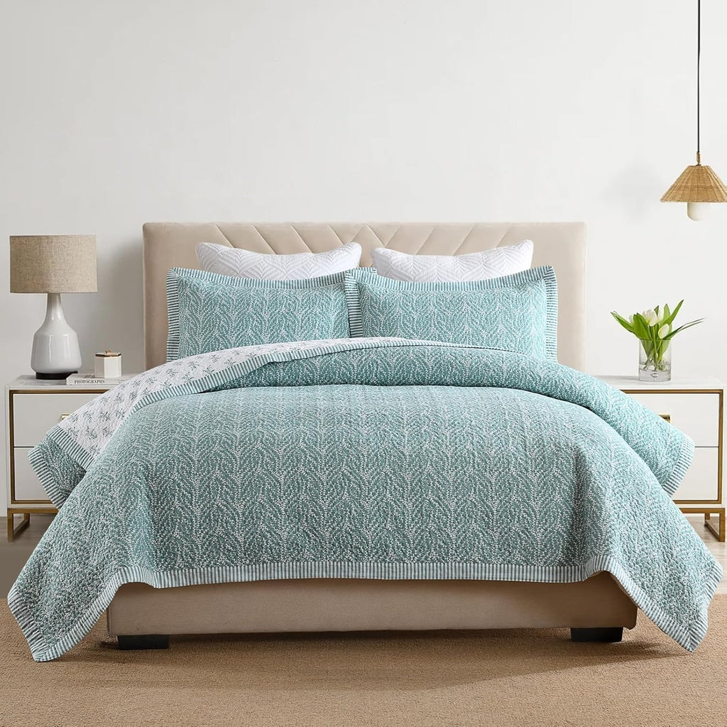SahSahCasa Quilt Set King Size, 100% Cotton Quilt Bedding Set Bedspread, Botanical Pattern Solid Color Chic Lightweight Quilted Comforter for King Bed, White/Teal, All Season, 3 Pieces