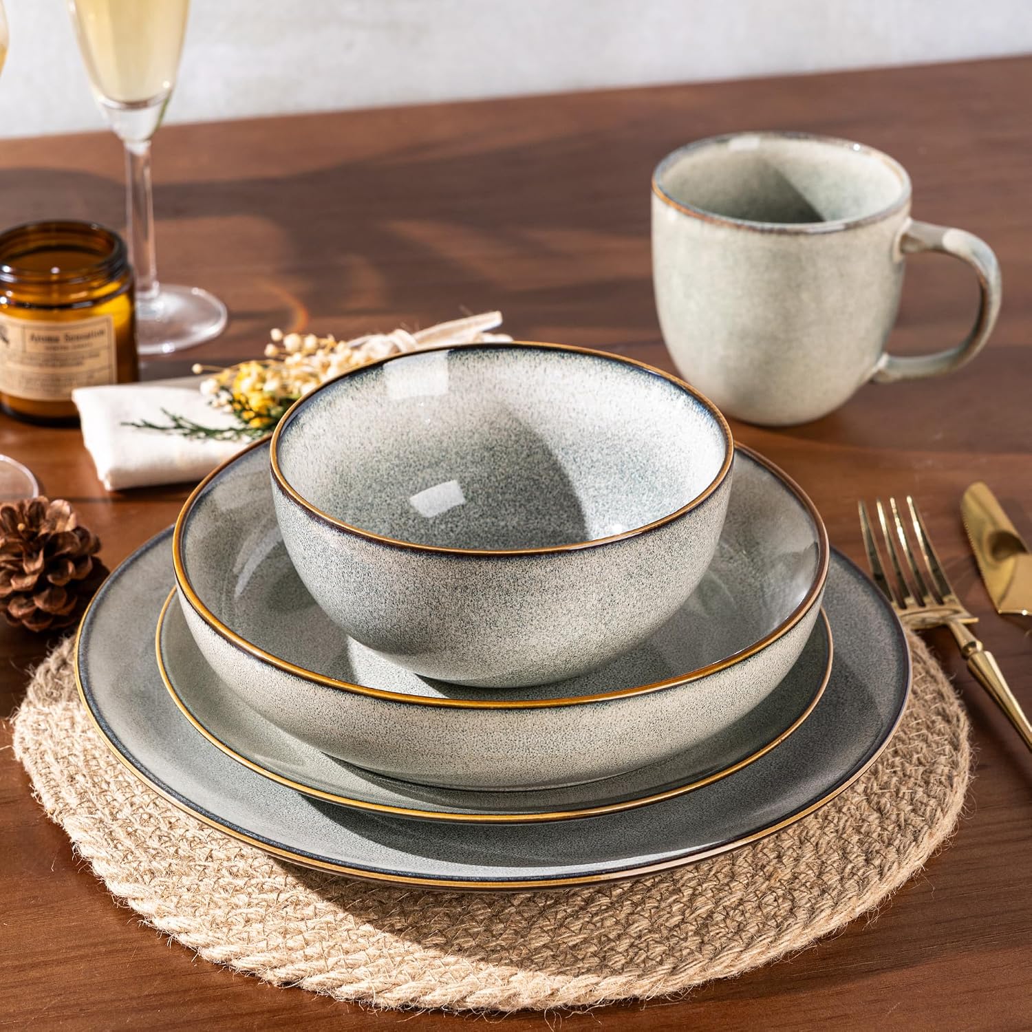 GBHOME Dinnerware Sets for 6, 24 Pieces Stoneware Plates and Bowls Set with Reactive Glaze, Scratch Resistant Stoneware Dishes Set, Dishwasher & Microwave Safe