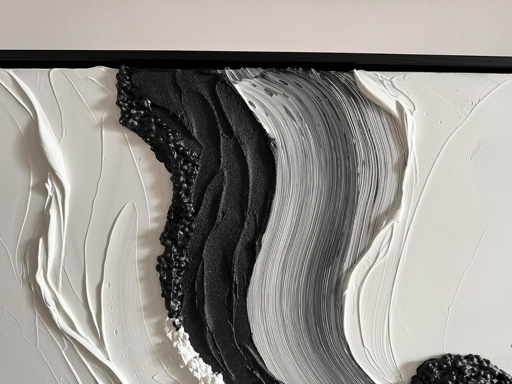 Boiee Art,24x36Inch Abstract Hand Painted Textured Ocean Wave Art on Canvas Minimalist Oil Painting Vertical Modern Black Simply White Framed Artwork