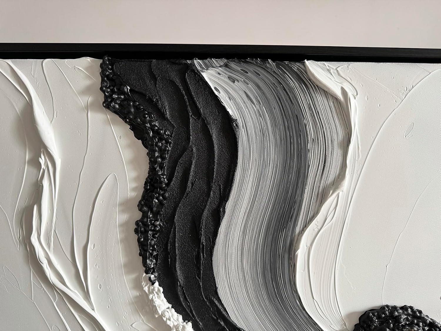 Boiee Art,24x36Inch Abstract Hand Painted Textured Ocean Wave Art on Canvas Minimalist Oil Painting Vertical Modern Black Simply White Framed Artwork