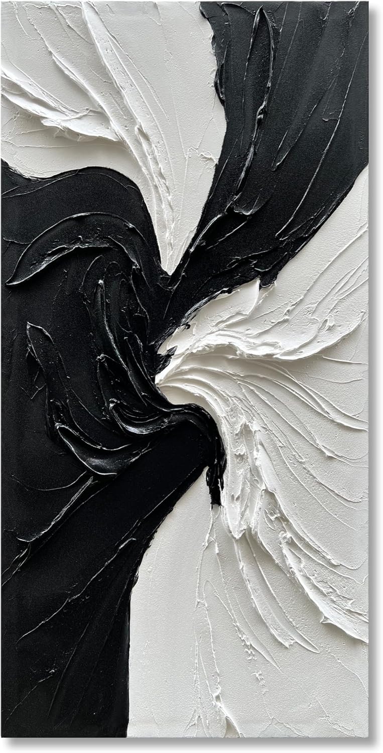 Art Hand-Painted White and Black Texture Abstract Art Oil Painting Modern Minimalist Art Painter Living Office Corridor Wall Art Deco 48x24 inches