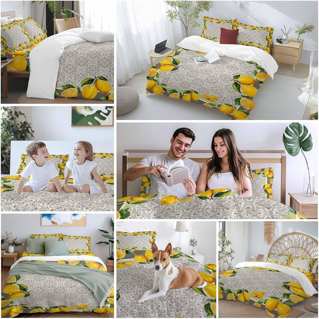 Yellow Lemon Duvet Cover Set Queen Size 4 Pieces Watercolor Fruit Farm Brown Flower Pattern Background Bedding Set with Zipper Closure, 1 Comforter Cover 86x86 Inches 1 Flat Sheet & 2 Pillow Cases