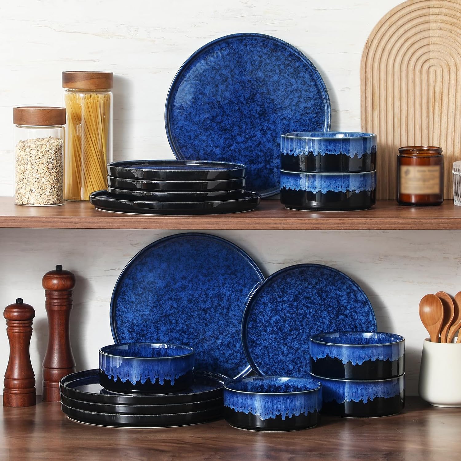vancasso Plates and Bowls Sets for 6, 18 Pieces Blue Dinnerware Sets for Kitchen, Modern Stoneware Dishes Set, Dishwasher and Microwave Safe, Series Starry