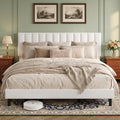 IDEALHOUSE King Size Bed Frame, Velvet Upholstered Platform Bed with Adjustable Vertical Channel Tufted Headboard, No Box Spring Needed, Easy Assembly, White