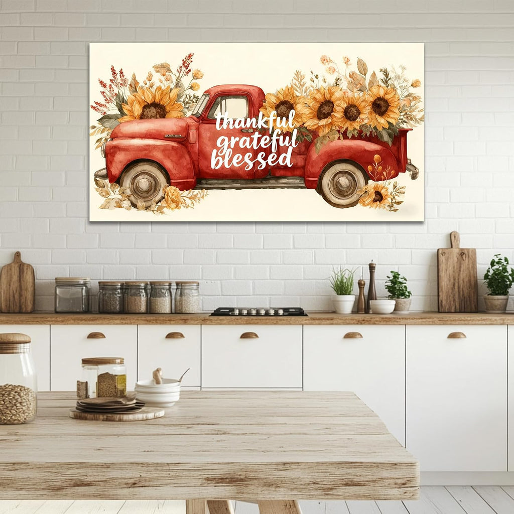 TIMUBA Farmhouse Truck Wall Art, Country Red Truck Sunflower Floral Canvas Wall Decor, Vintage Truck Sunflower Painting Pictures, Rustic Old Car Artwork Prints for Home Farm Decorations 60x30 Inches