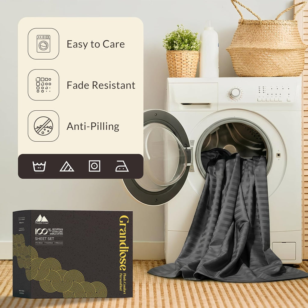 Mayfair Linen 100% Pure Egyptian Cotton Sheet King Size - Luxury 1000 Series Grandiose Collection Striped King Size Sheets Set (4 PC, Dark Grey - Stripe), 16' Deep Pocket Soft Cooling Hotel Sheets Set