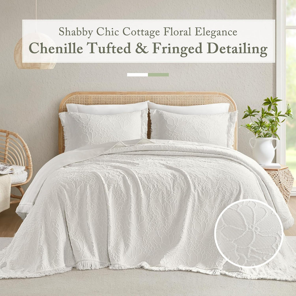 Madison Park King Bedspread Oversized Chenille Floral Bespread with Fringes, King Bedding Set Cozy Quilt, All Season Lightweight Soft King Size Bedspread, Willow, King White 3 Piece