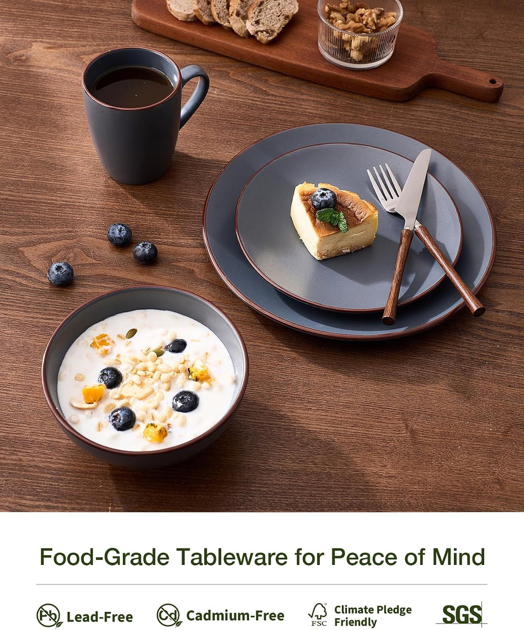 Famiware Venus 16-Piece Stoneware Dinnerware Sets with Mugs, Plates, Bowls, Service for 4, Matte Charcoal - Modern Ceramic Chip‑Resistant Dishes for Everyday & Formal Use, Microwave & Dishwasher Safe