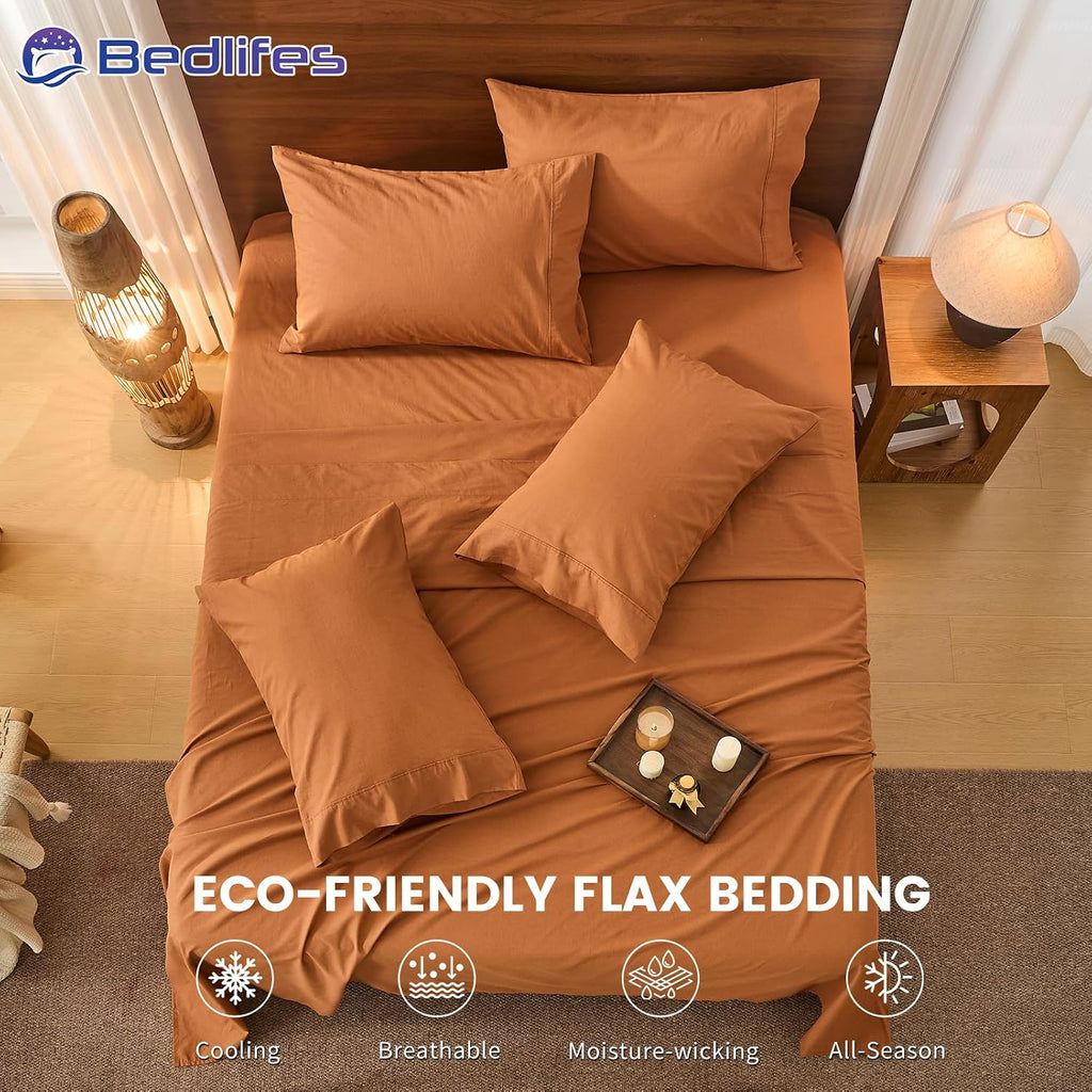 Bedlifes 100% French Pure Linen Sheets Queen Size Breathable and Cooling Flax Sheet Set Soft Durable and Moisture Wicking 16 Inch Deep Pocket-4 Piece(Queen,Brown)