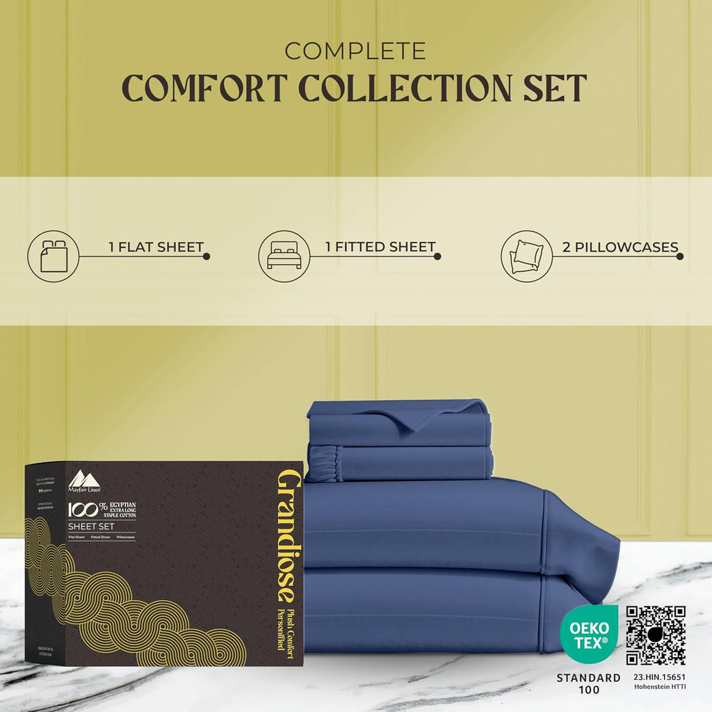 Mayfair Linen 100% Pure Egyptian Cotton Sheet King Size - Luxury 1000 Series Grandiose Collection King Size Sheets Set (4 PC, Deep Blue), 16' Deep Pocket Sateen Weave Soft Cooling Hotel Bed Sheets Set