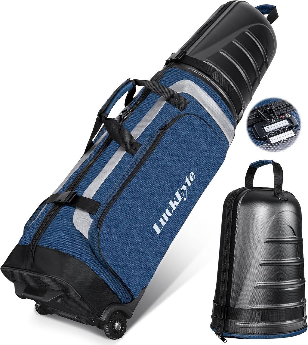 Golf Travel Bag for Airlines, Hard Shell Top Golf Travel Case with Wheels, Heavy Duty 1680D Oxford Fabric, Reinforced Base, Oversized Tank Wheels, Built-in TSA Lock, Water-Resistant Zippers