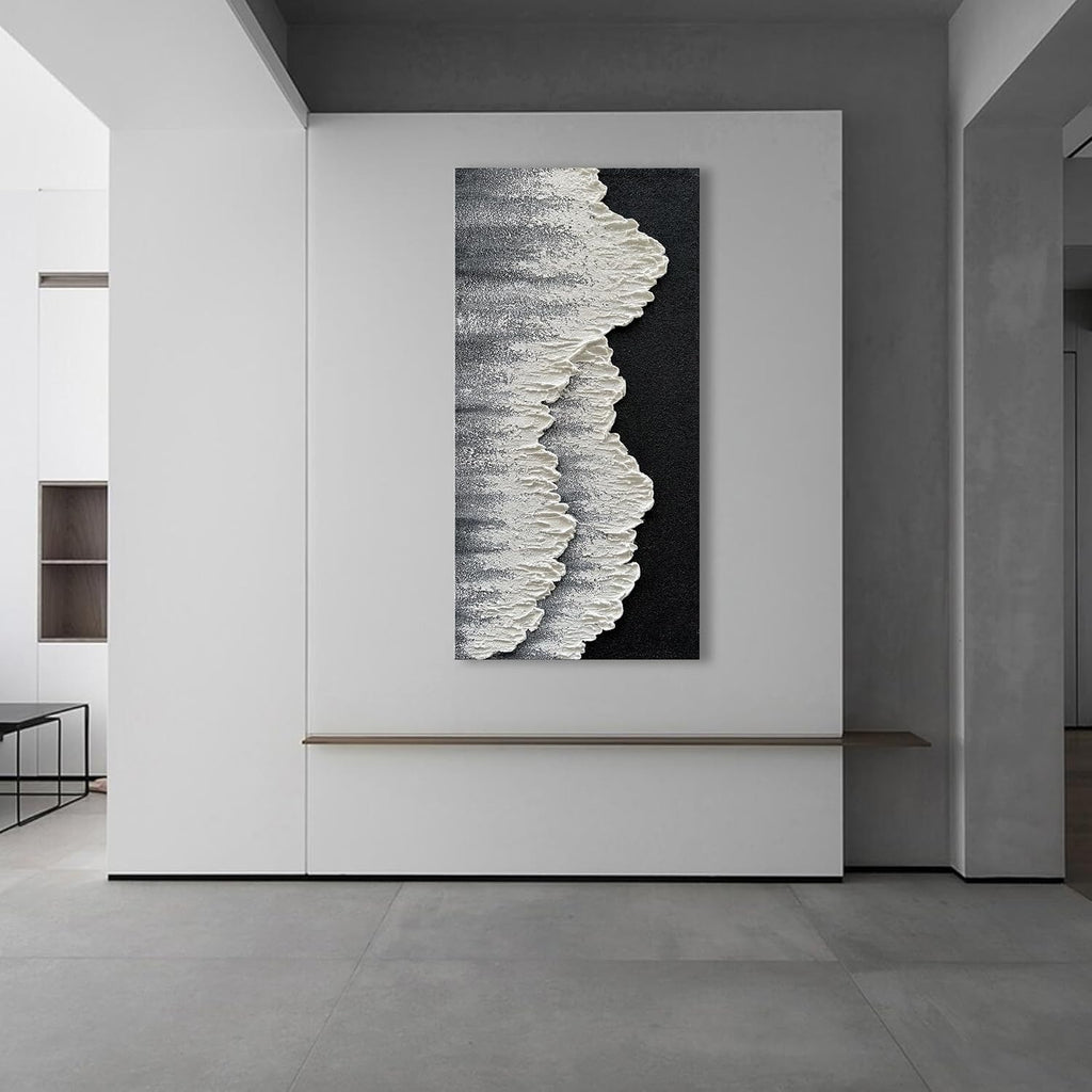 NANKAI Art Hand-Painted 3D Ocean Wave Oil Painting Natural Landscape Black and White Abstract Canvas Art Mural Family Wall Art Deco 48x24 inches
