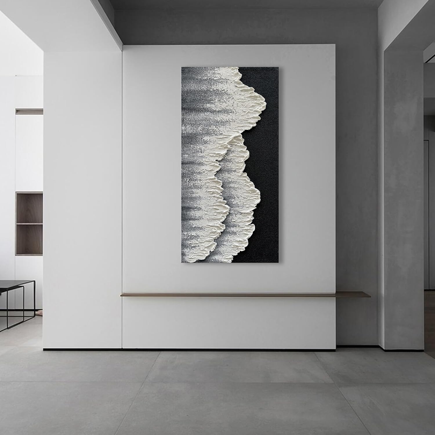 NANKAI Art Hand-Painted 3D Ocean Wave Oil Painting Natural Landscape Black and White Abstract Canvas Art Mural Family Wall Art Deco 48x24 inches