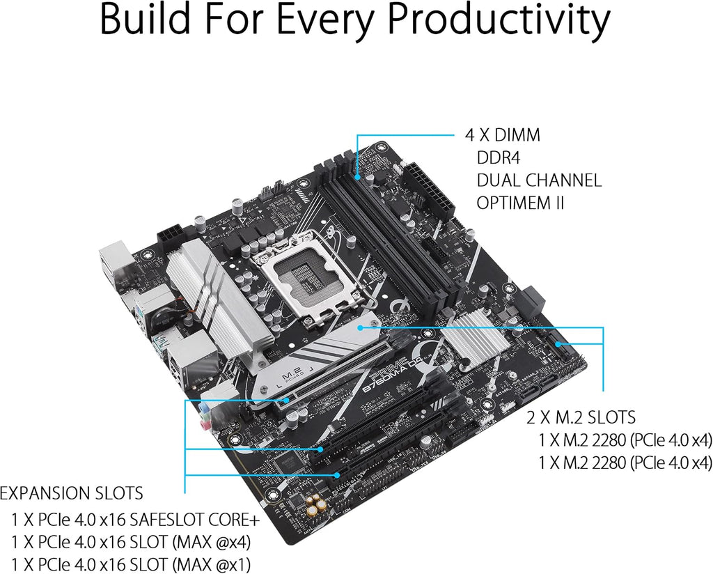 ASUS Prime B760M-A D4 Intel® B760 (LGA 1700)(13th and 12th Gen) mATX Motherboard, PCIe 4.0, 2xM.2 Slots,2.5Gb LAN, DisplayPort,Dual HDMI,Rear USB 3.2 Gen 2, Front 1 Type-C®, Aura Sync