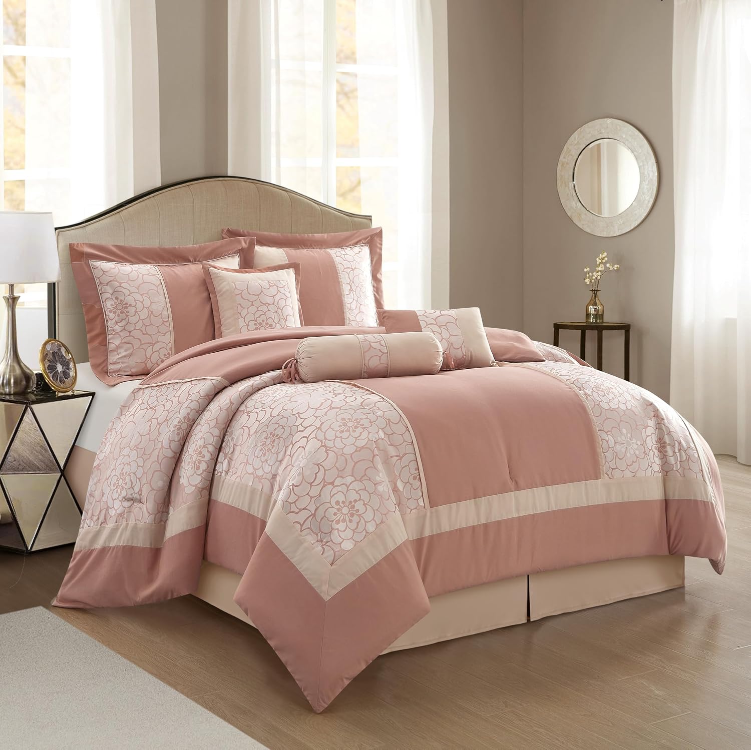Grand Avenue Blush Comforter Set California King Size, 7 Piece Jacquard Soft Bedding Set, All Season, Bedskirt, Pillows & Shams