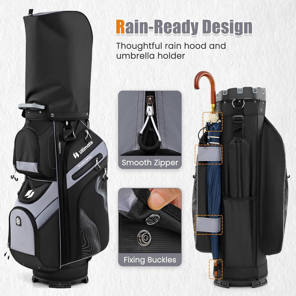ULTIMATE 14-Way Golf Cart Bag, Golf Bag w/Molded Lock Top & Full Length Dividers, Portable Golf Club Bag w/11 Pockets, Cooler Bag, Padded Strap & Rain Hood for Men Women