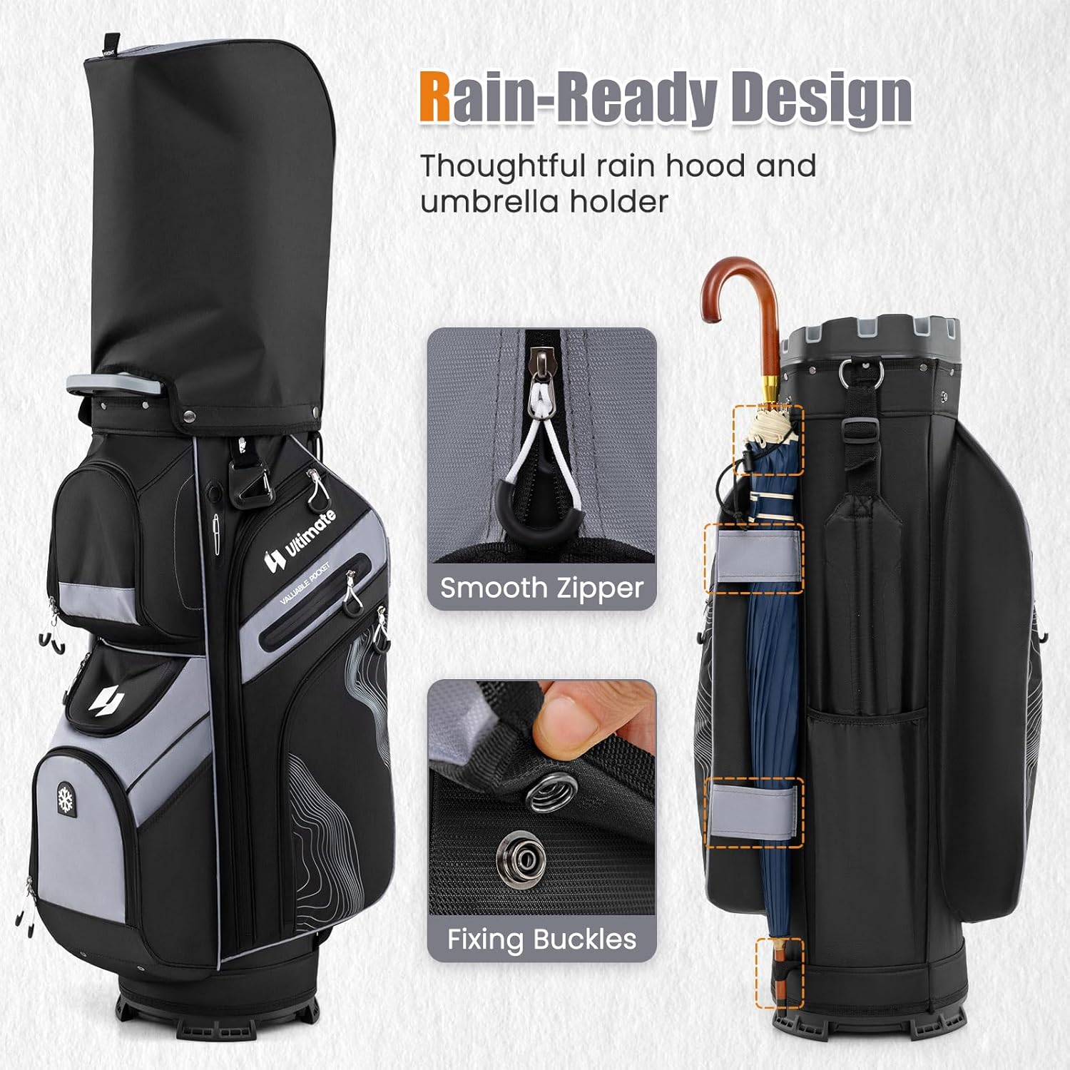 ULTIMATE 14-Way Golf Cart Bag, Golf Bag w/Molded Lock Top & Full Length Dividers, Portable Golf Club Bag w/11 Pockets, Cooler Bag, Padded Strap & Rain Hood for Men Women